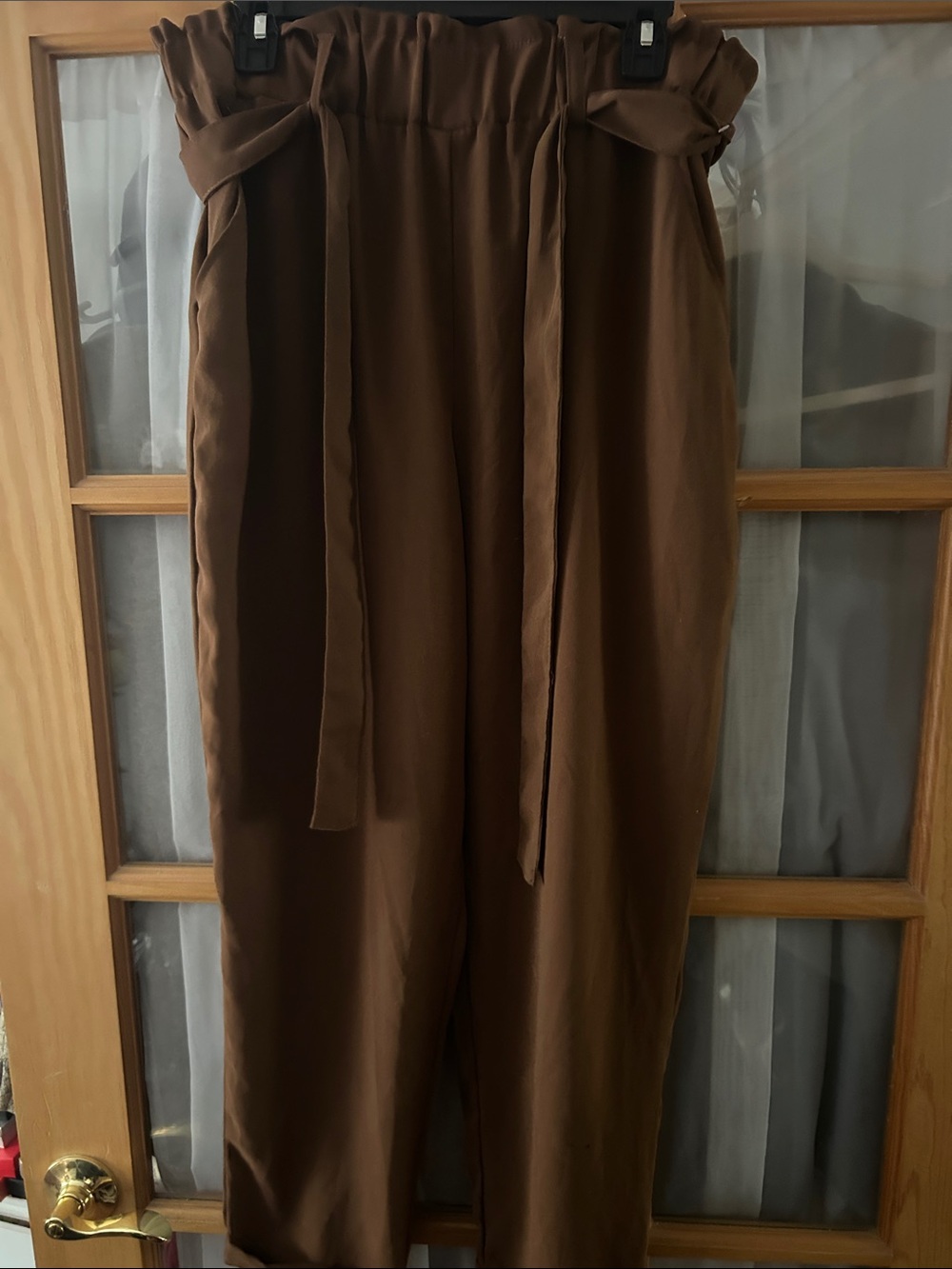 High-Waist Paperbag Belted Trousers in Rich Brown